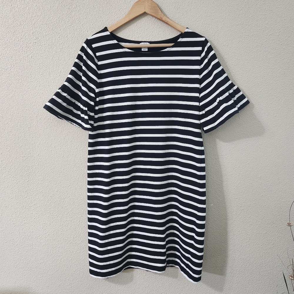 J.Crew Black and White Striped Ruffle Sleeve Midi Shirt Dress